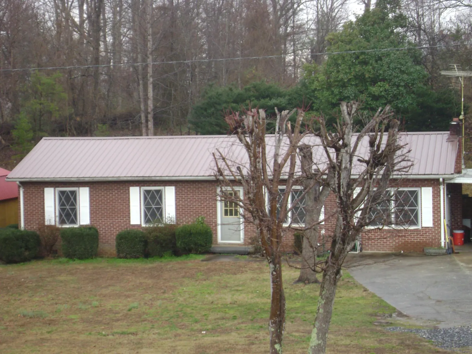 Mauve metal roof on a brick ranch home behind bare trees in Afton